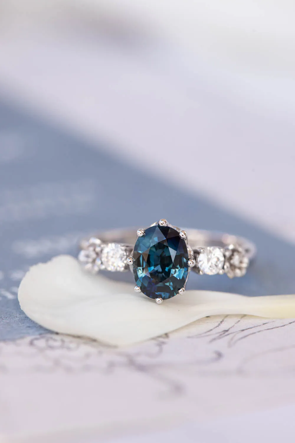 Natural teal sapphire engagement ring, white gold engagement ring with diamonds / Fiorella