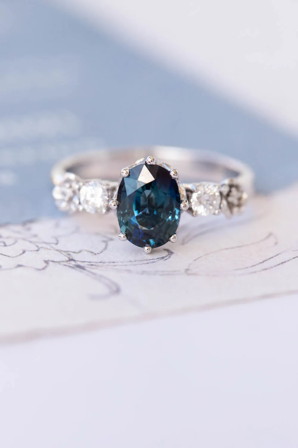 Natural teal sapphire engagement ring, white gold engagement ring with diamonds / Fiorella