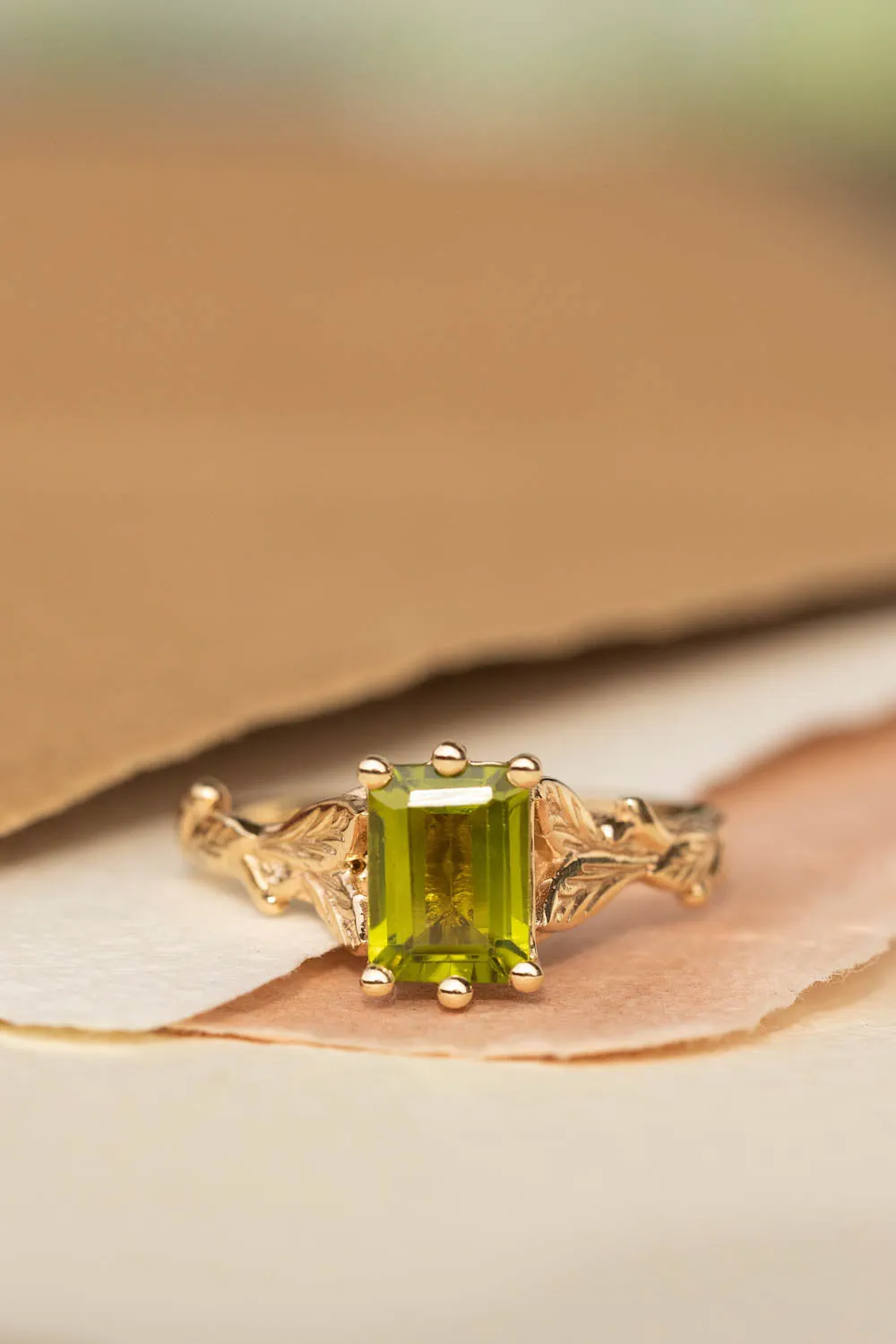 Octagon peridot engagement ring, nature themed branch proposal ring / Freesia