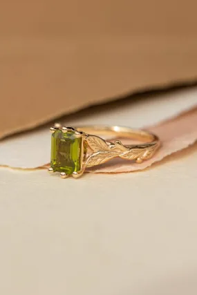 Octagon peridot engagement ring, nature themed branch proposal ring / Freesia