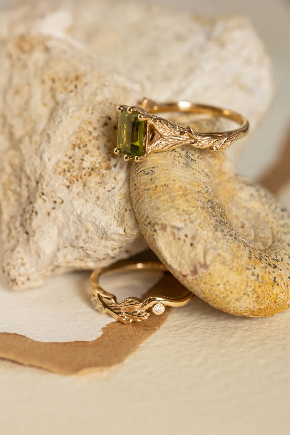 Octagon peridot engagement ring, nature themed branch proposal ring / Freesia