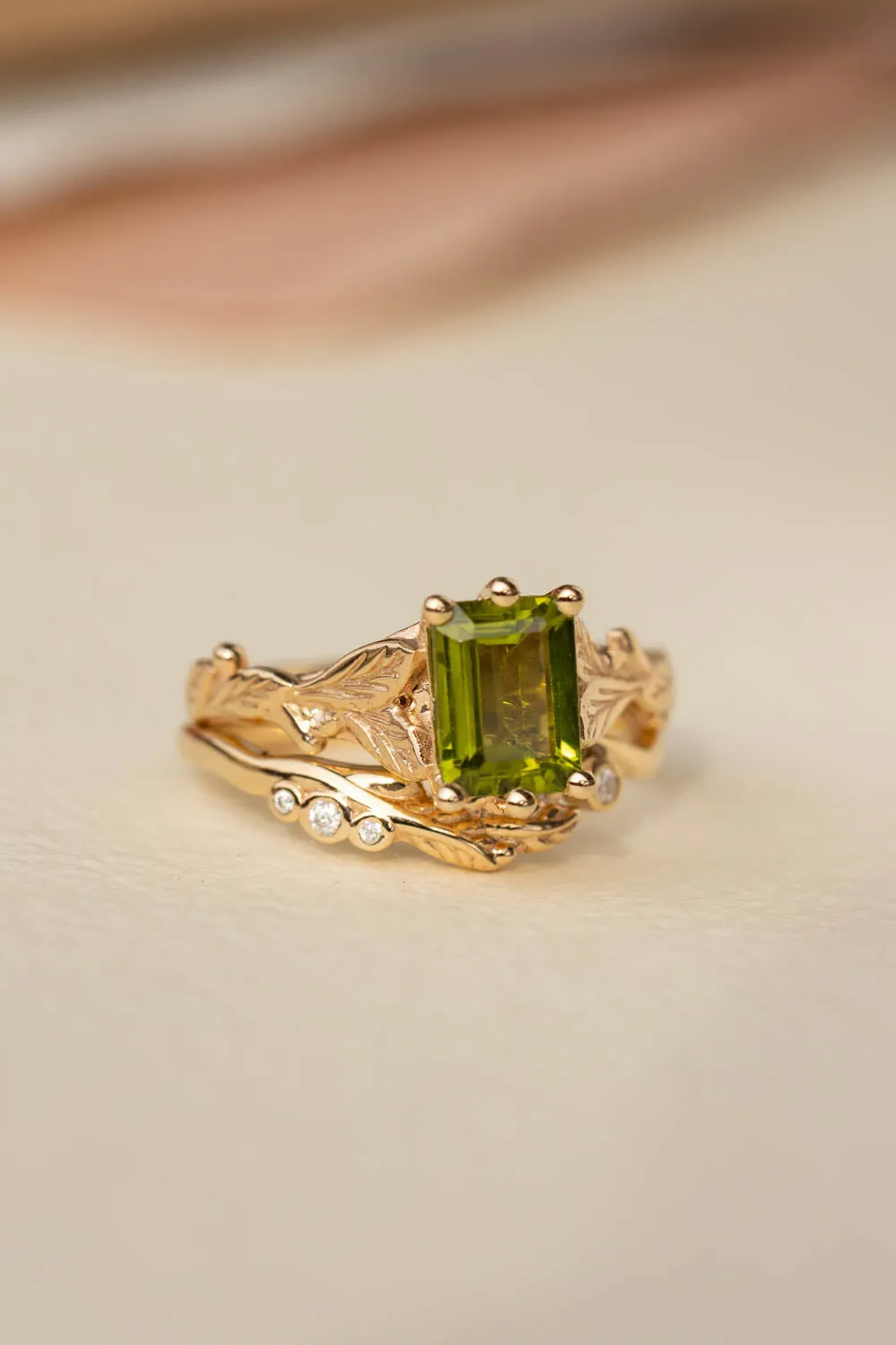 Octagon peridot engagement ring, nature themed branch proposal ring / Freesia