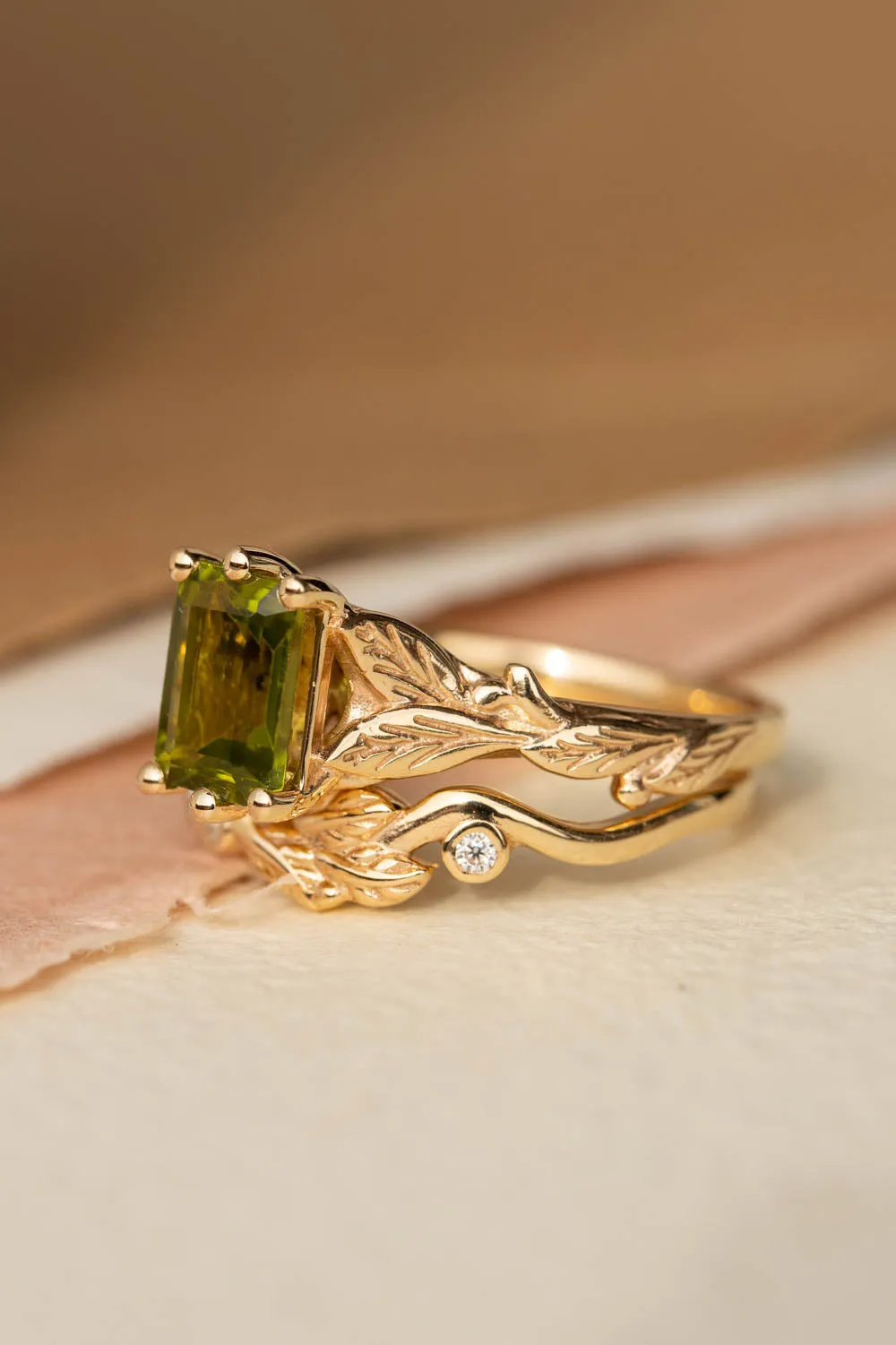 Octagon peridot engagement ring, nature themed branch proposal ring / Freesia