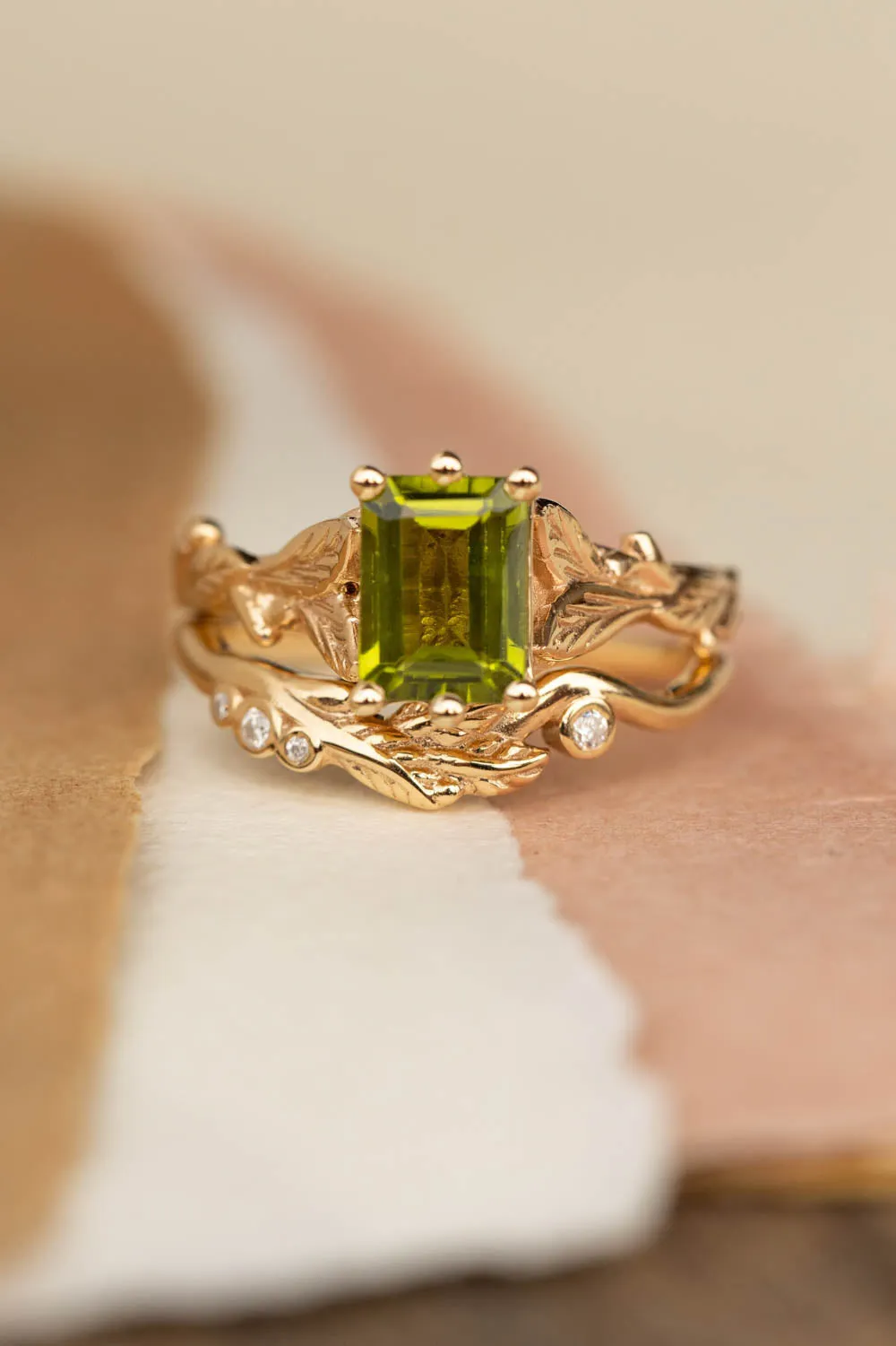 Octagon peridot engagement ring, nature themed branch proposal ring / Freesia