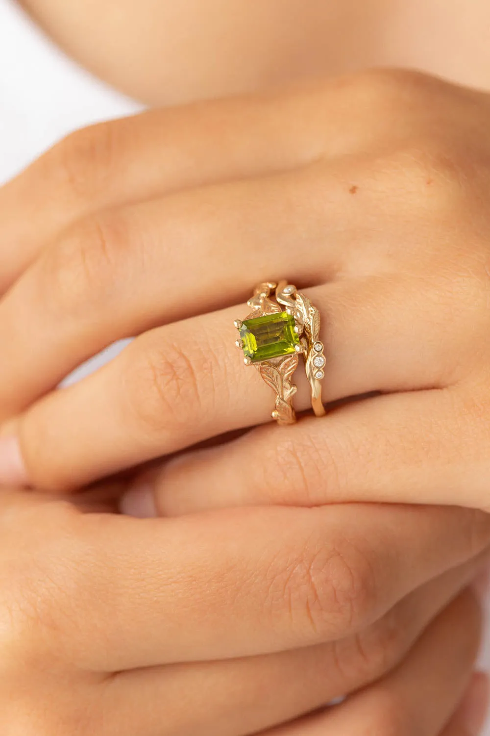 Octagon peridot engagement ring, nature themed branch proposal ring / Freesia