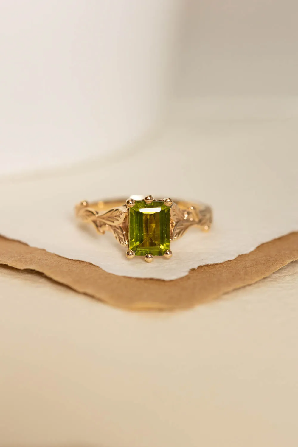 Octagon peridot engagement ring, nature themed branch proposal ring / Freesia