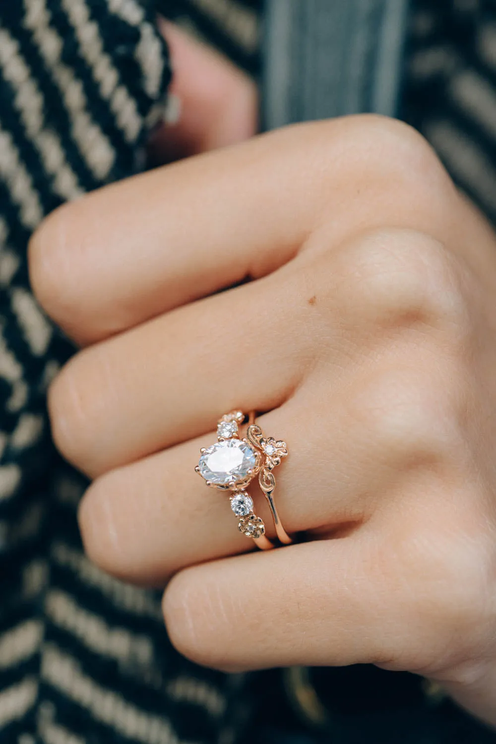 Oval moissanite engagement ring, rose gold engagement ring with diamonds / Fiorella