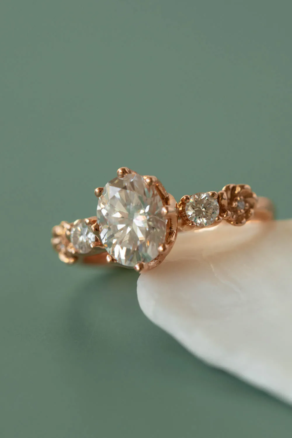 Oval moissanite engagement ring, rose gold engagement ring with diamonds / Fiorella