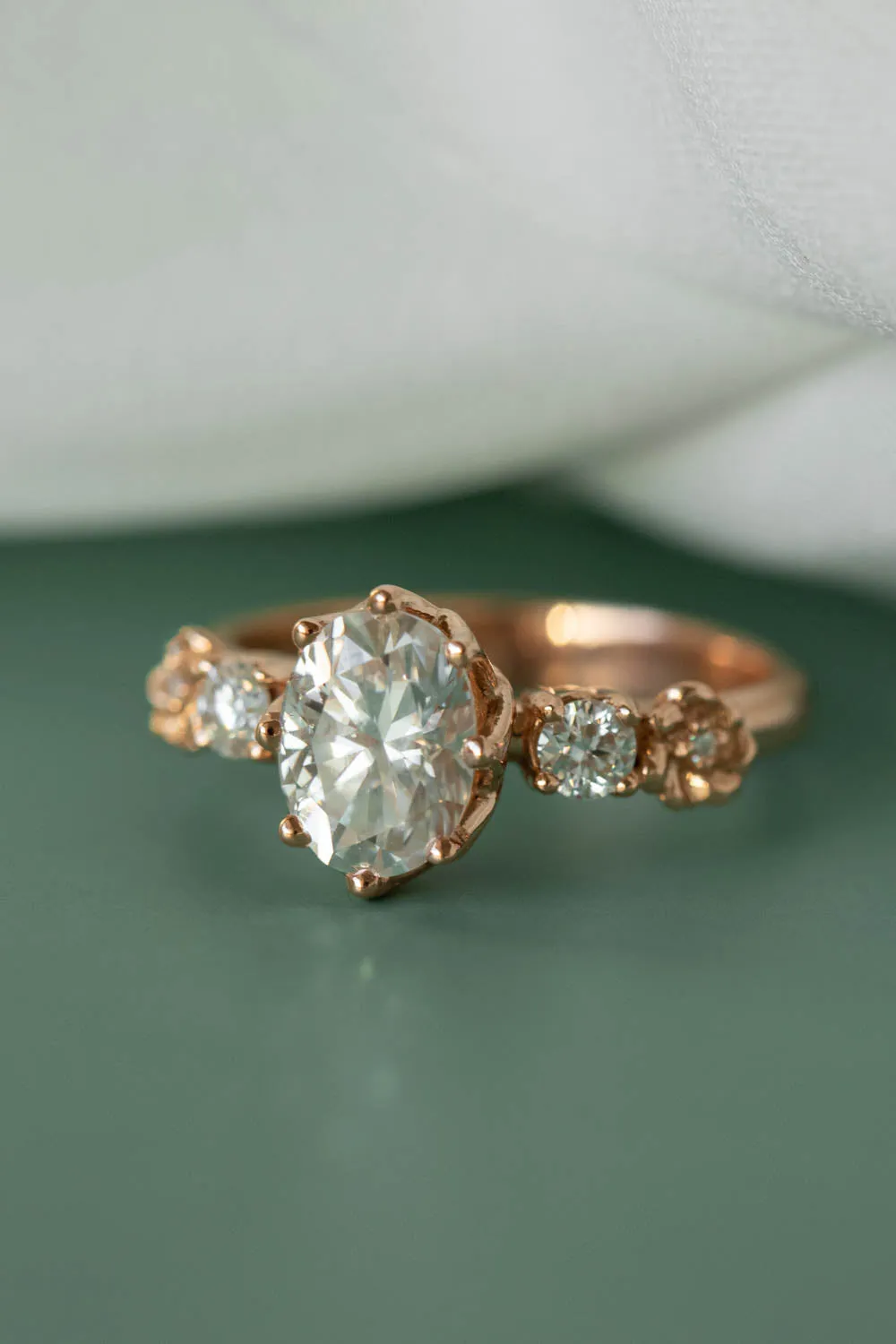 Oval moissanite engagement ring, rose gold engagement ring with diamonds / Fiorella