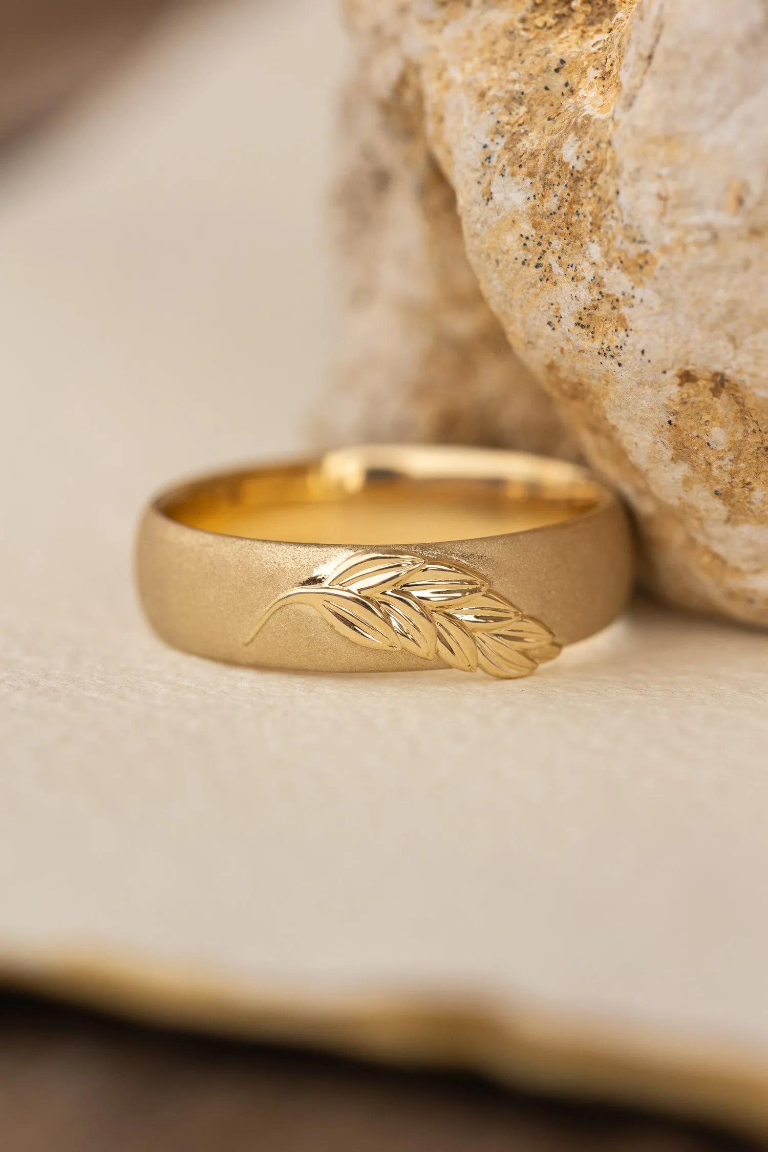 Palm leaf wedding band, sandblast finish, 6 mm wide