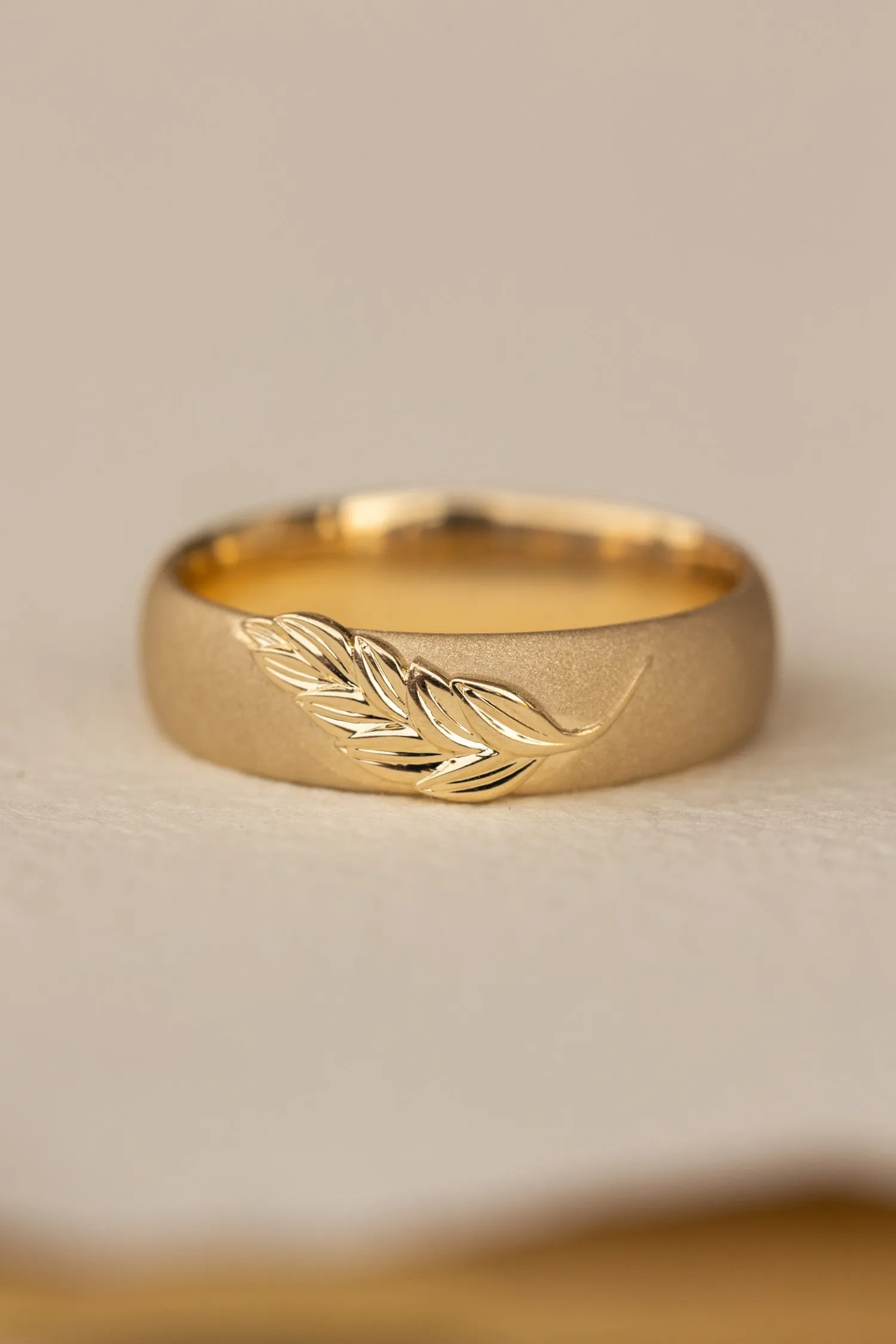 Palm leaf wedding band, sandblast finish, 6 mm wide