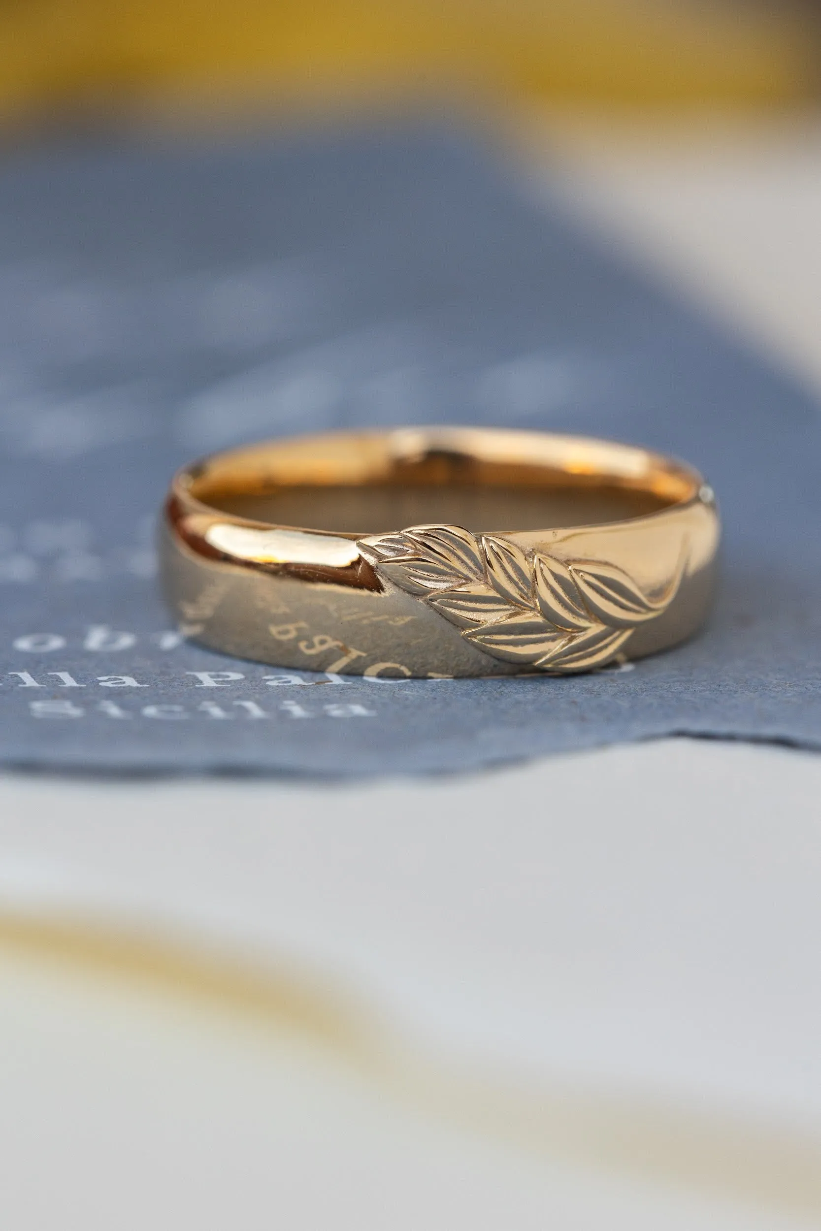 Palm leaf wedding band, sandblast finish, 6 mm wide