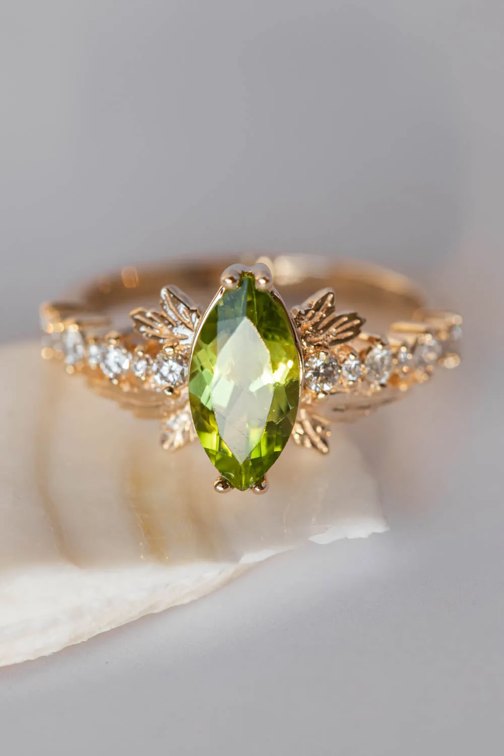 Peridot and diamonds engagement ring, nature inspired gold leaf ring / Verbena