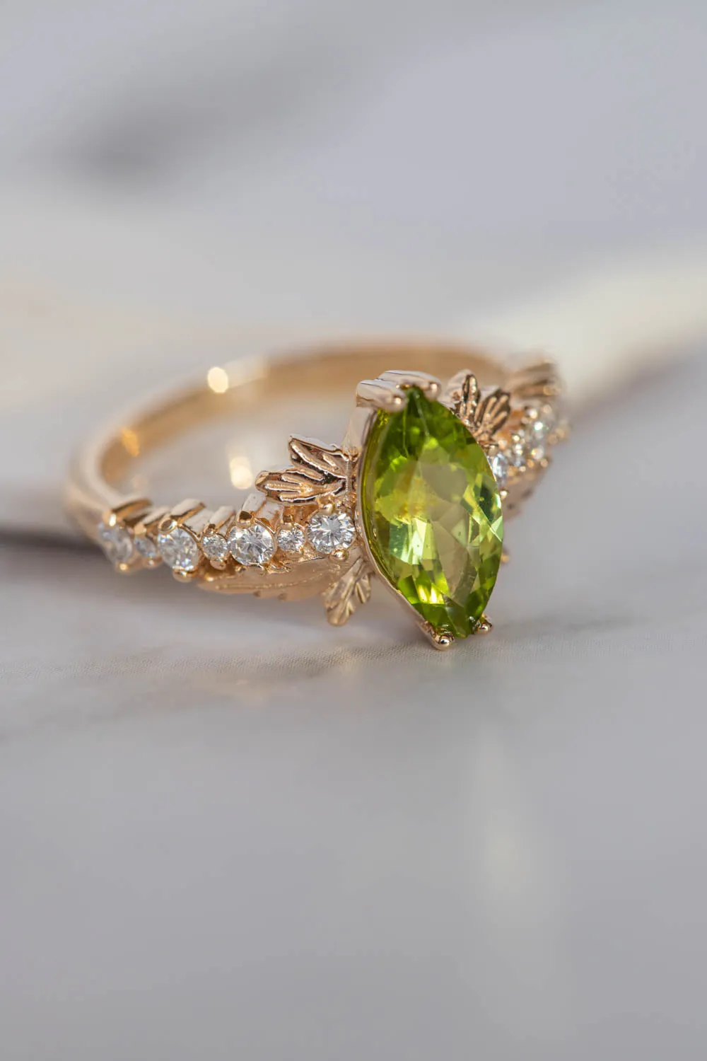 Peridot and diamonds engagement ring, nature inspired gold leaf ring / Verbena