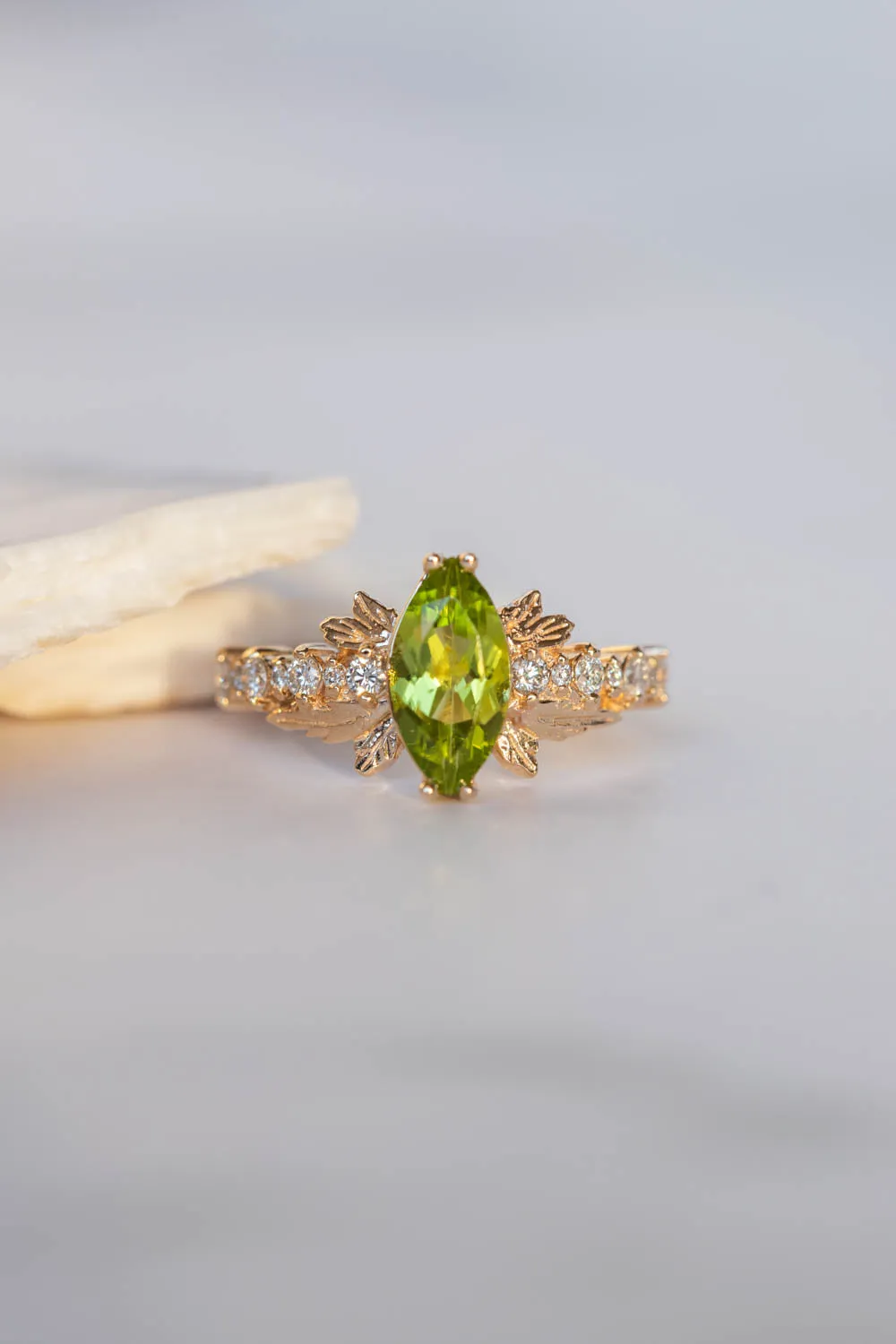 Peridot and diamonds engagement ring, nature inspired gold leaf ring / Verbena