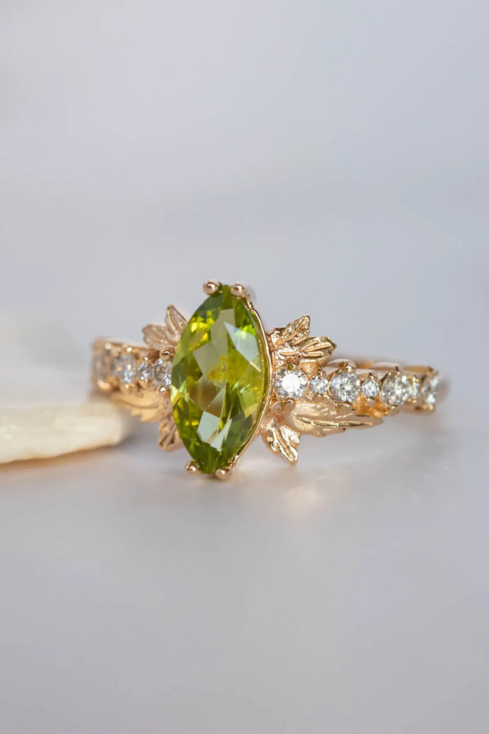 Peridot and diamonds engagement ring, nature inspired gold leaf ring / Verbena