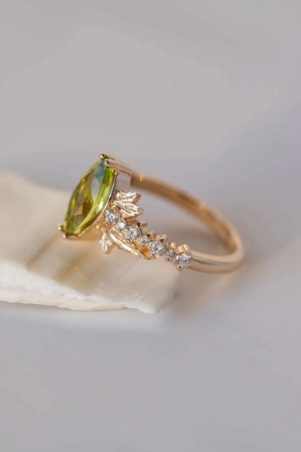 Peridot and diamonds engagement ring, nature inspired gold leaf ring / Verbena