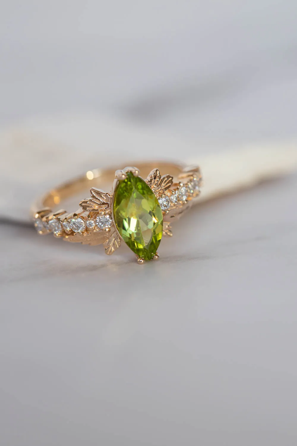 Peridot and diamonds engagement ring, nature inspired gold leaf ring / Verbena