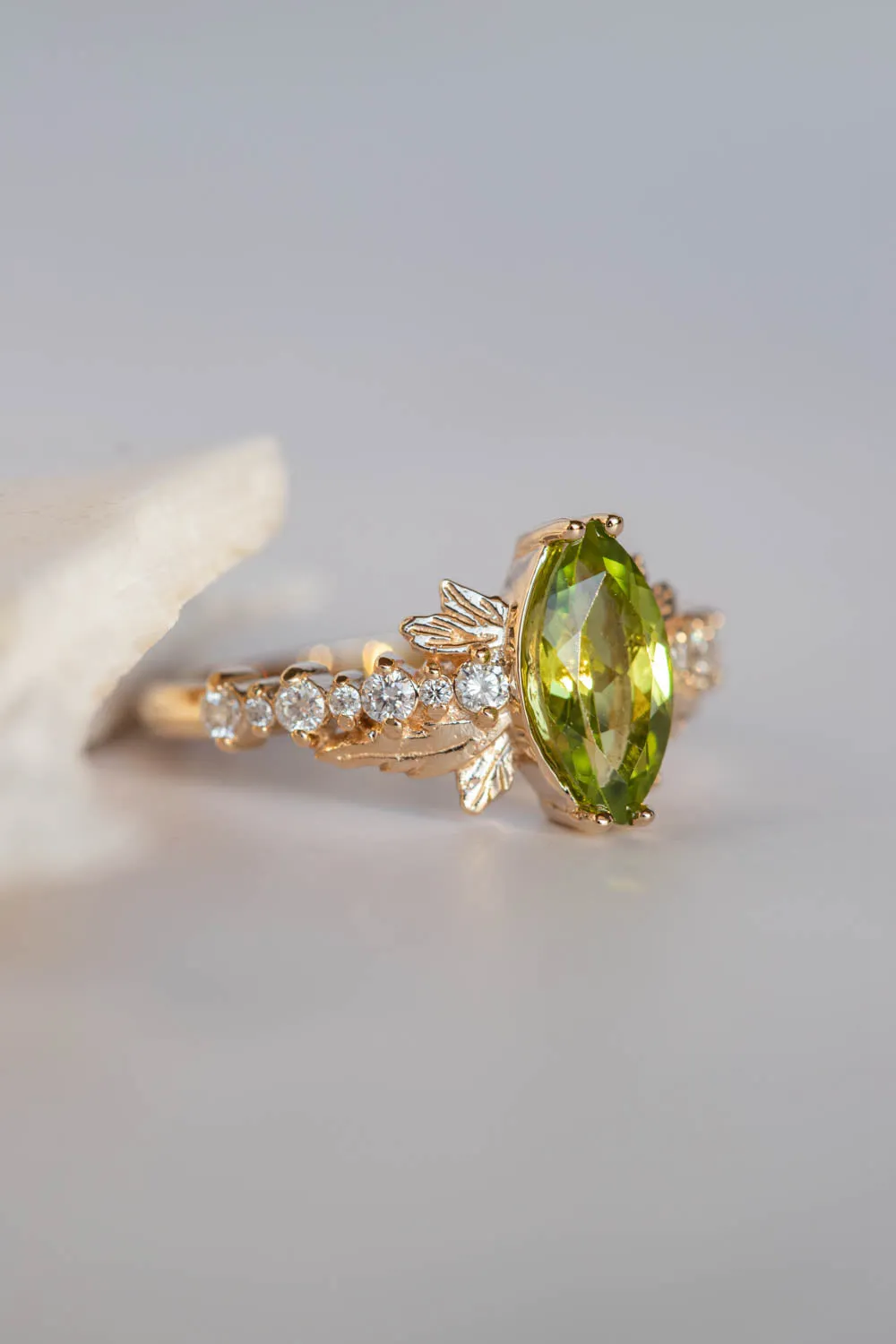 Peridot and diamonds engagement ring, nature inspired gold leaf ring / Verbena