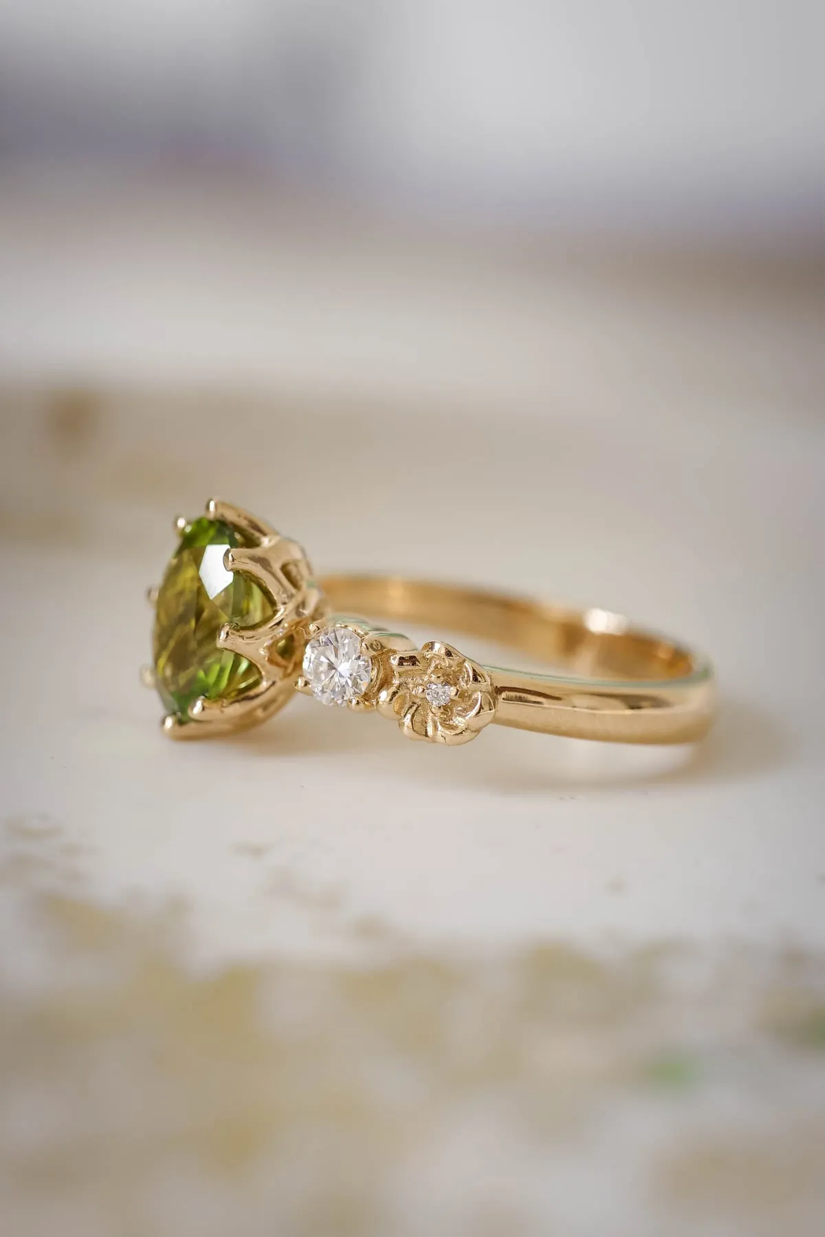 Peridot engagement ring, flower promise ring with diamonds / Fiorella