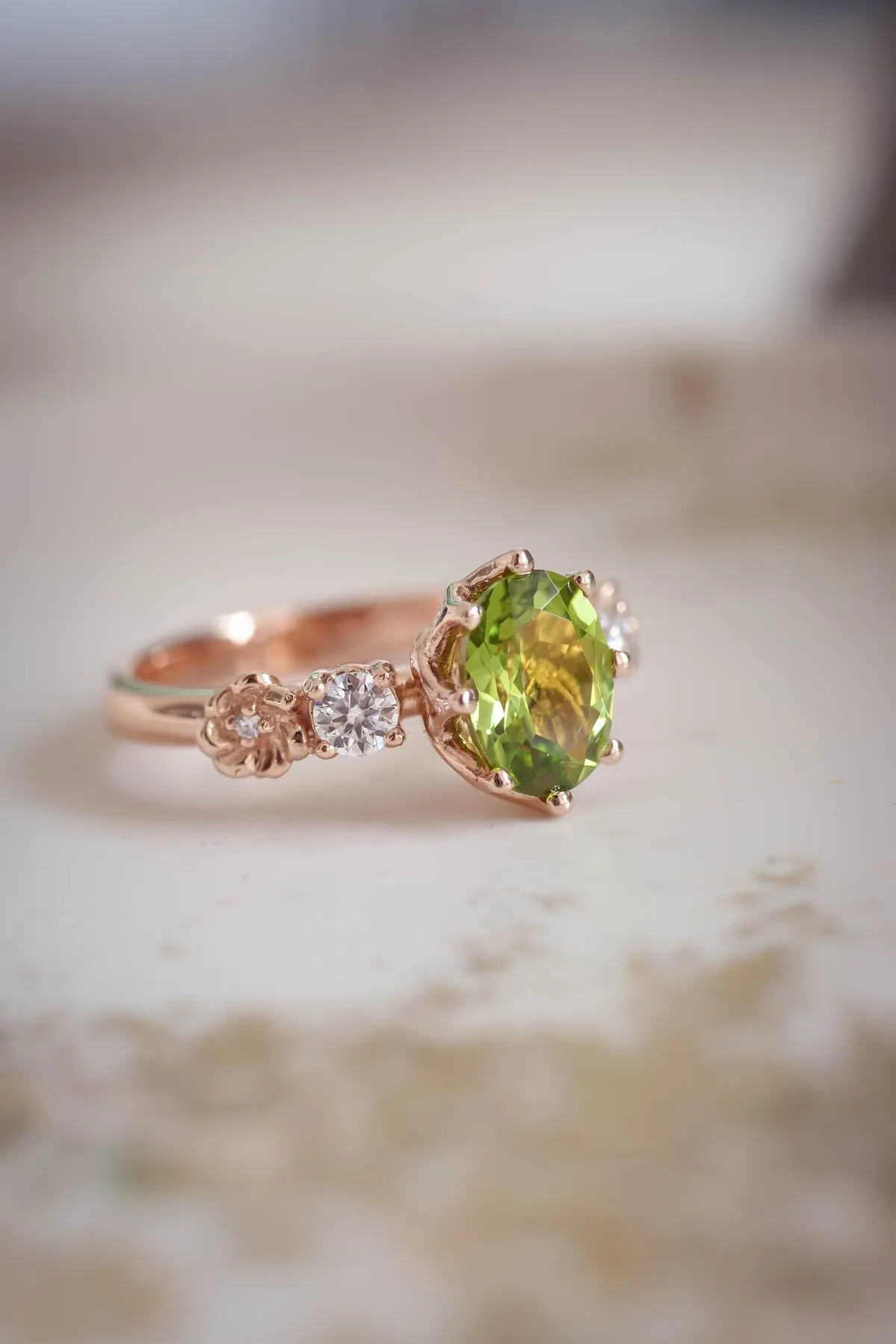 Peridot engagement ring, flower promise ring with diamonds / Fiorella