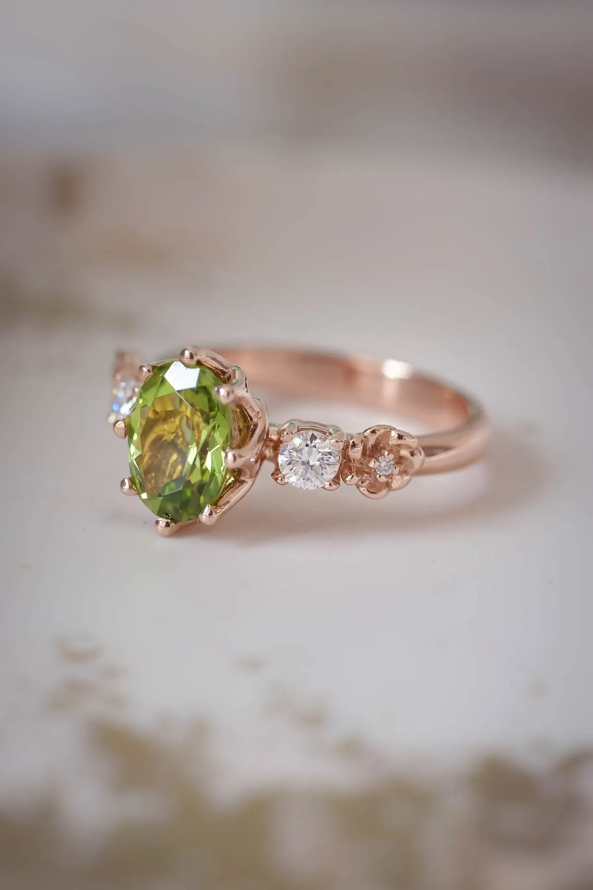 Peridot engagement ring, flower promise ring with diamonds / Fiorella