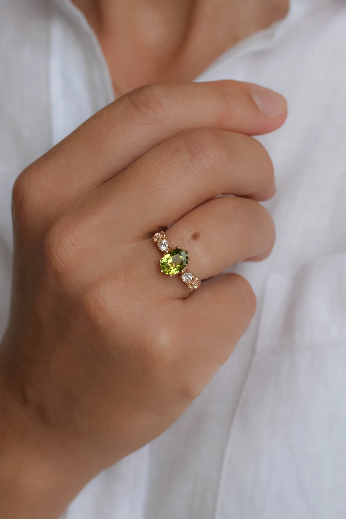 Peridot engagement ring, flower promise ring with diamonds / Fiorella