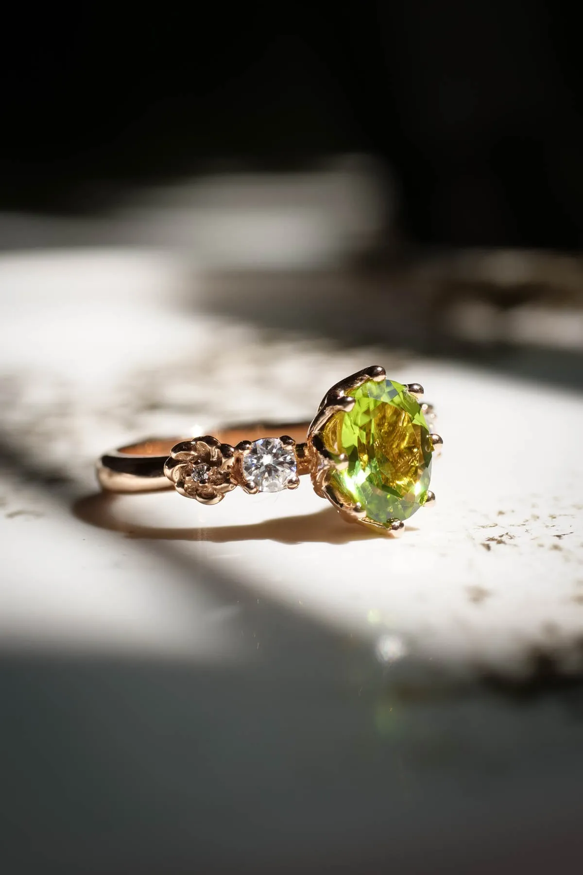 Peridot engagement ring, flower promise ring with diamonds / Fiorella