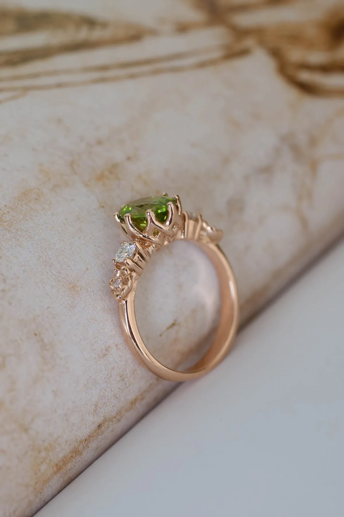 Peridot engagement ring, flower promise ring with diamonds / Fiorella