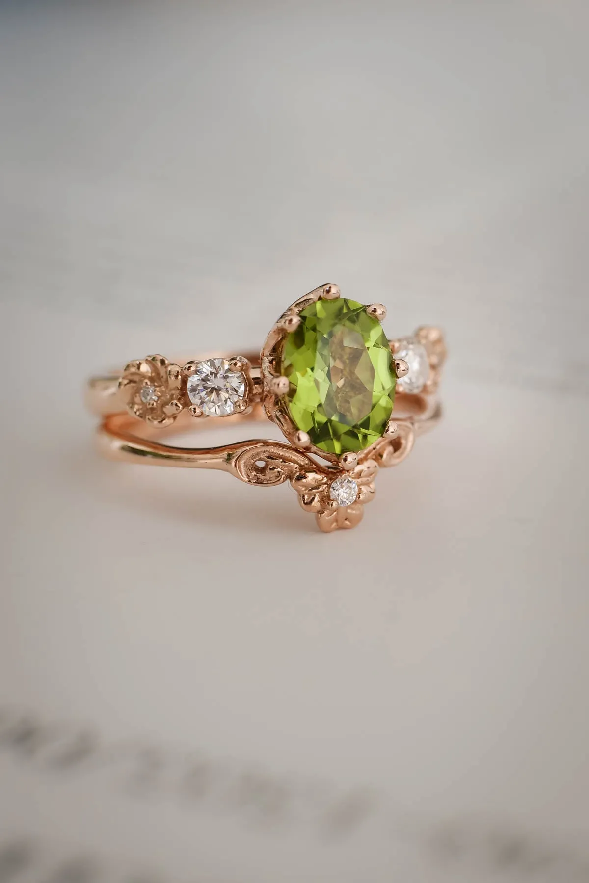 Peridot engagement ring, flower promise ring with diamonds / Fiorella