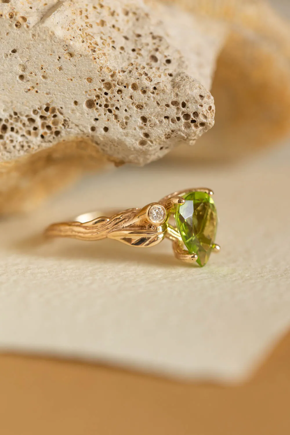 Peridot engagement ring with accent gemstones, big pear gemstone ring / Arius