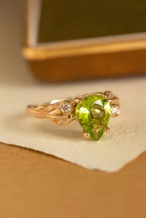 Peridot engagement ring with accent gemstones, big pear gemstone ring / Arius