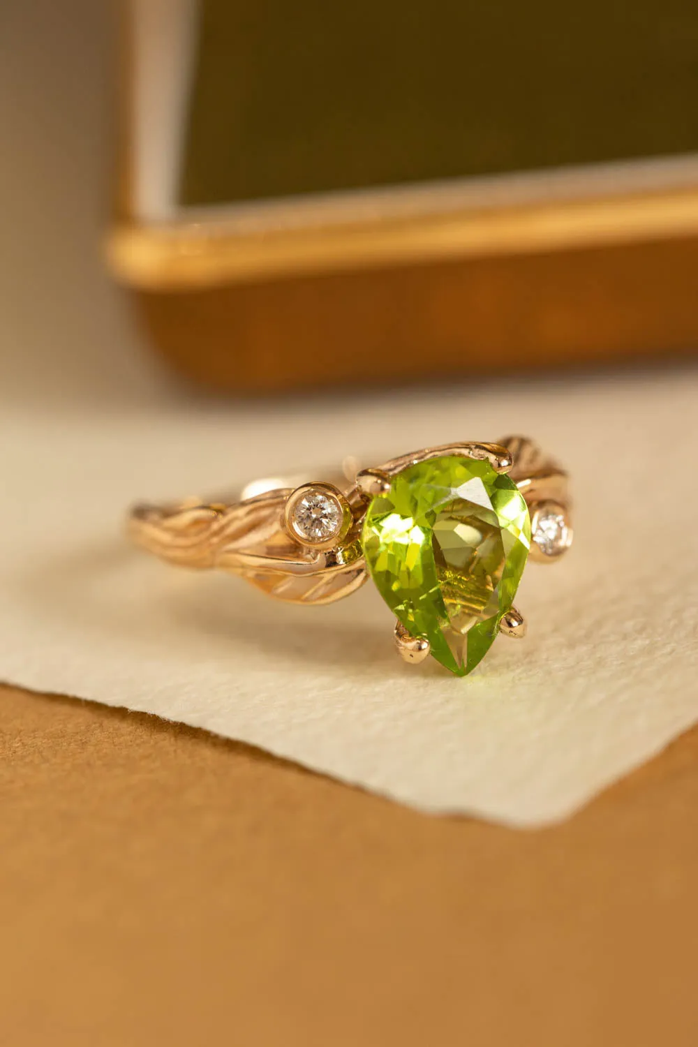 Peridot engagement ring with accent gemstones, big pear gemstone ring / Arius