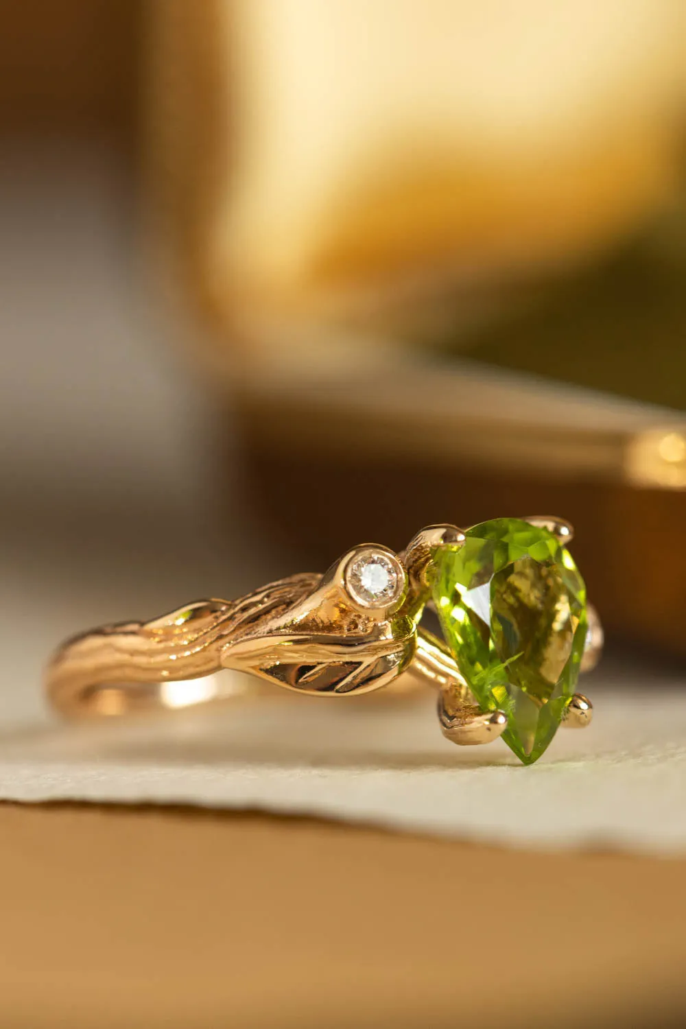 Peridot engagement ring with accent gemstones, big pear gemstone ring / Arius