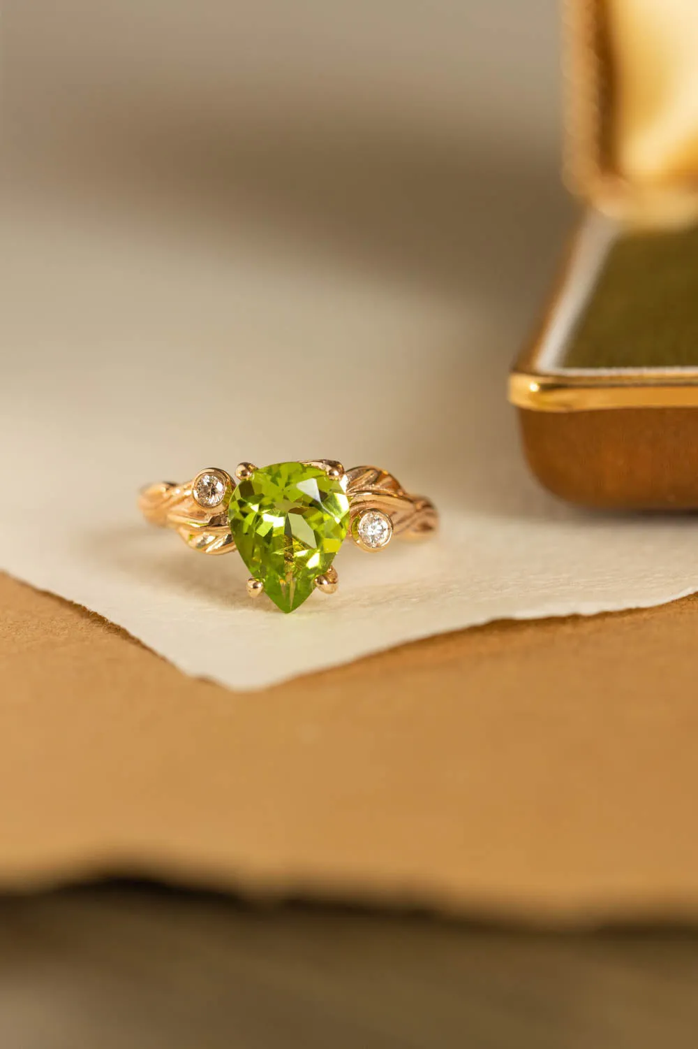 Peridot engagement ring with accent gemstones, big pear gemstone ring / Arius