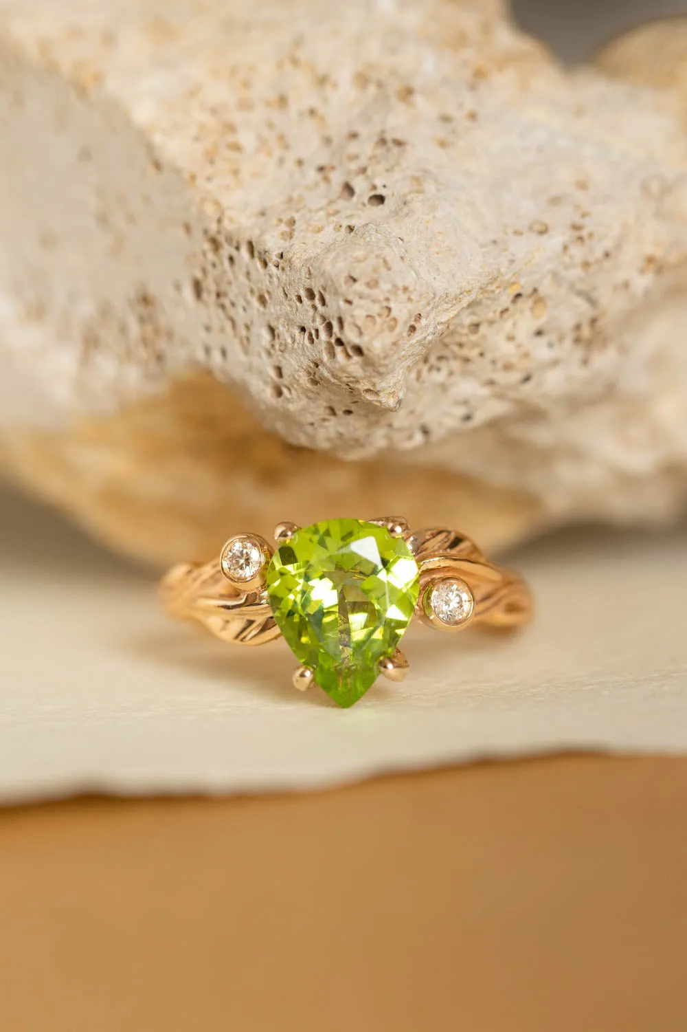 Peridot engagement ring with accent gemstones, big pear gemstone ring / Arius