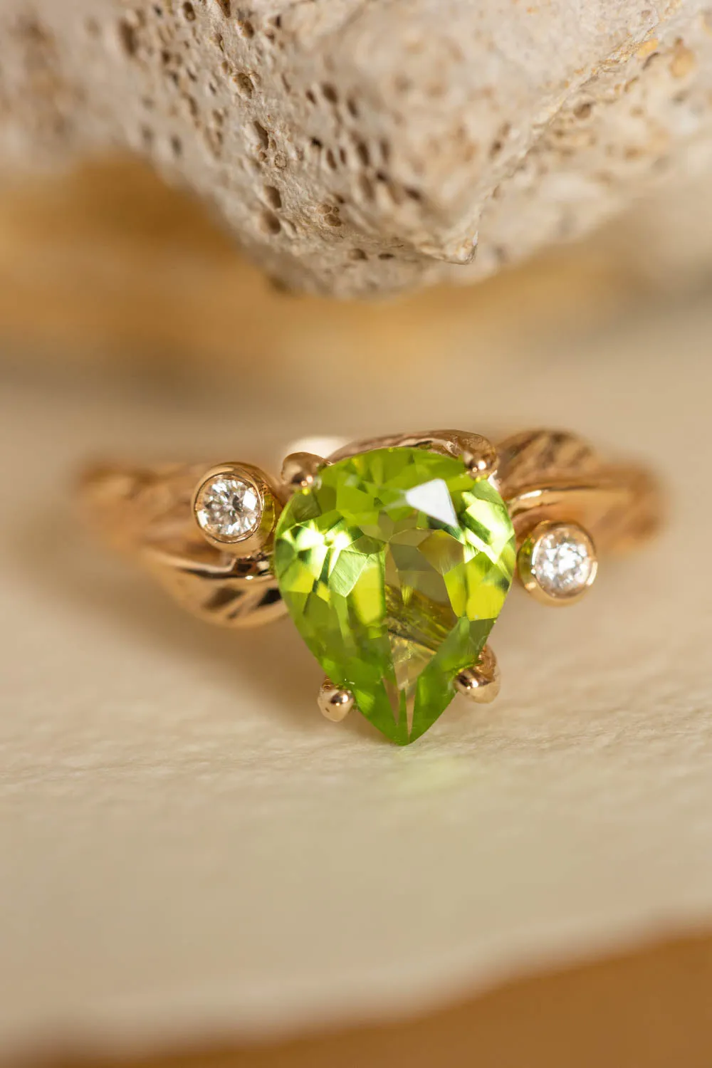 Peridot engagement ring with accent gemstones, big pear gemstone ring / Arius