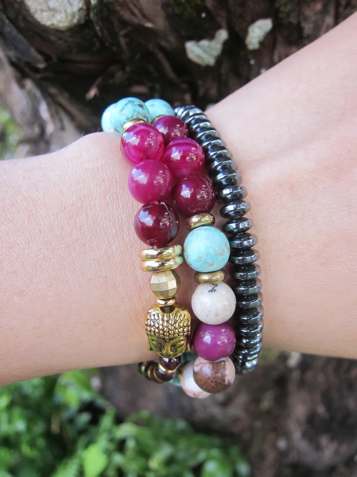 Peruvian Turquoise, Pink Fuchsia Agate in 27 Bead Mala Bracelet