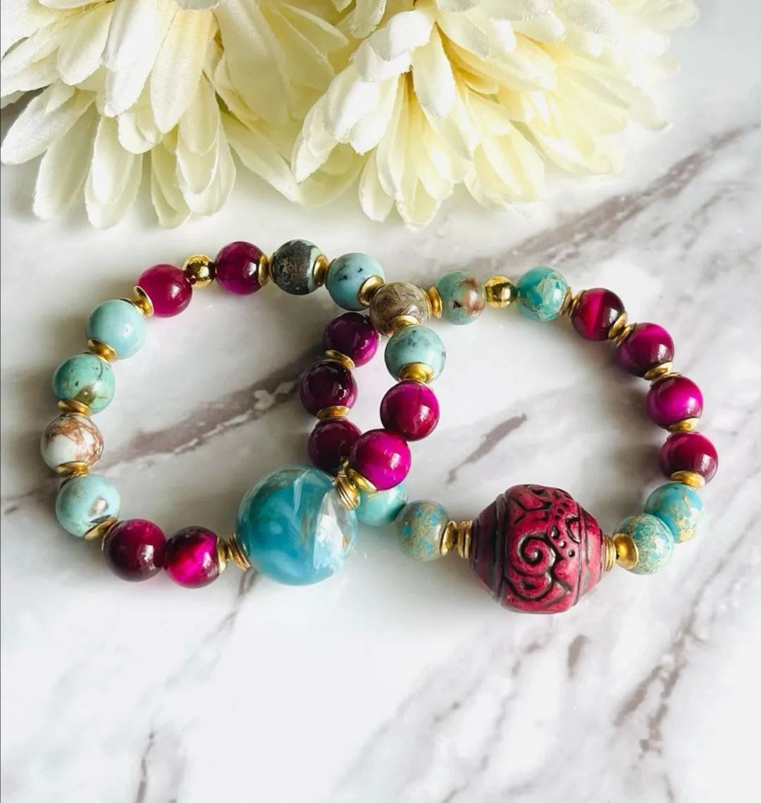 Peruvian Turquoise, Pink Fuchsia Agate in 27 Bead Mala Bracelet