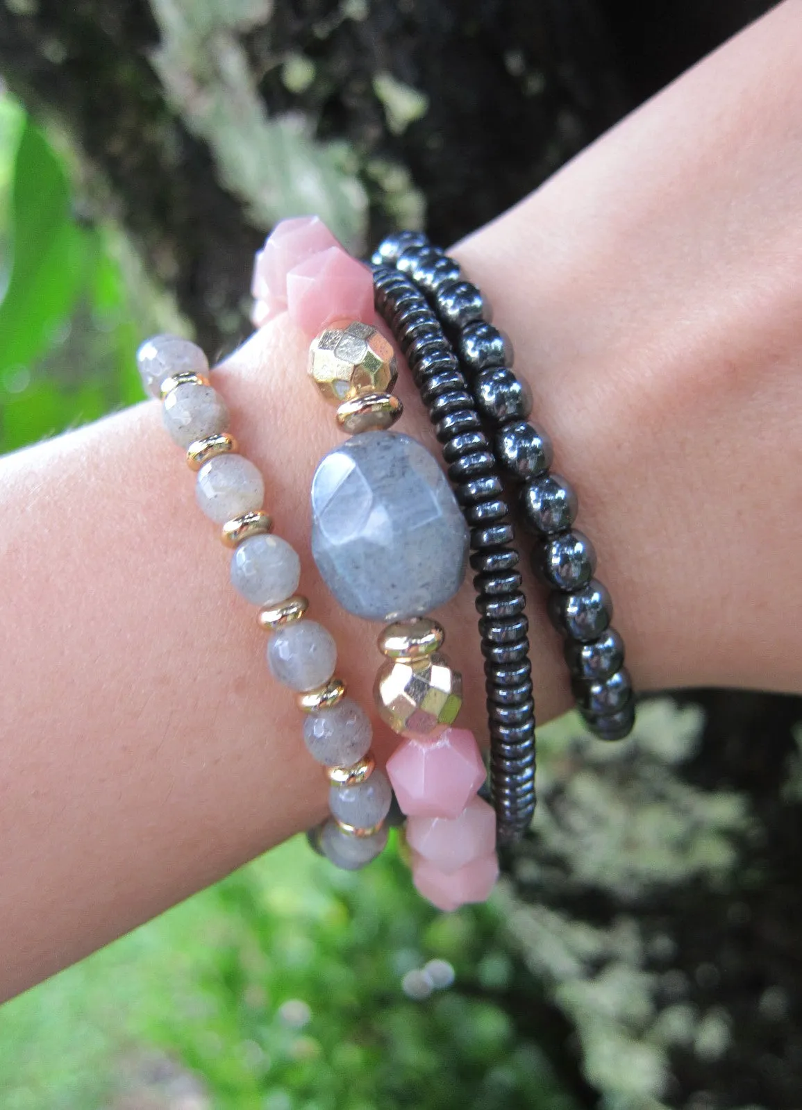 Pink Opal   Labradorite Stone Beaded Bracelet