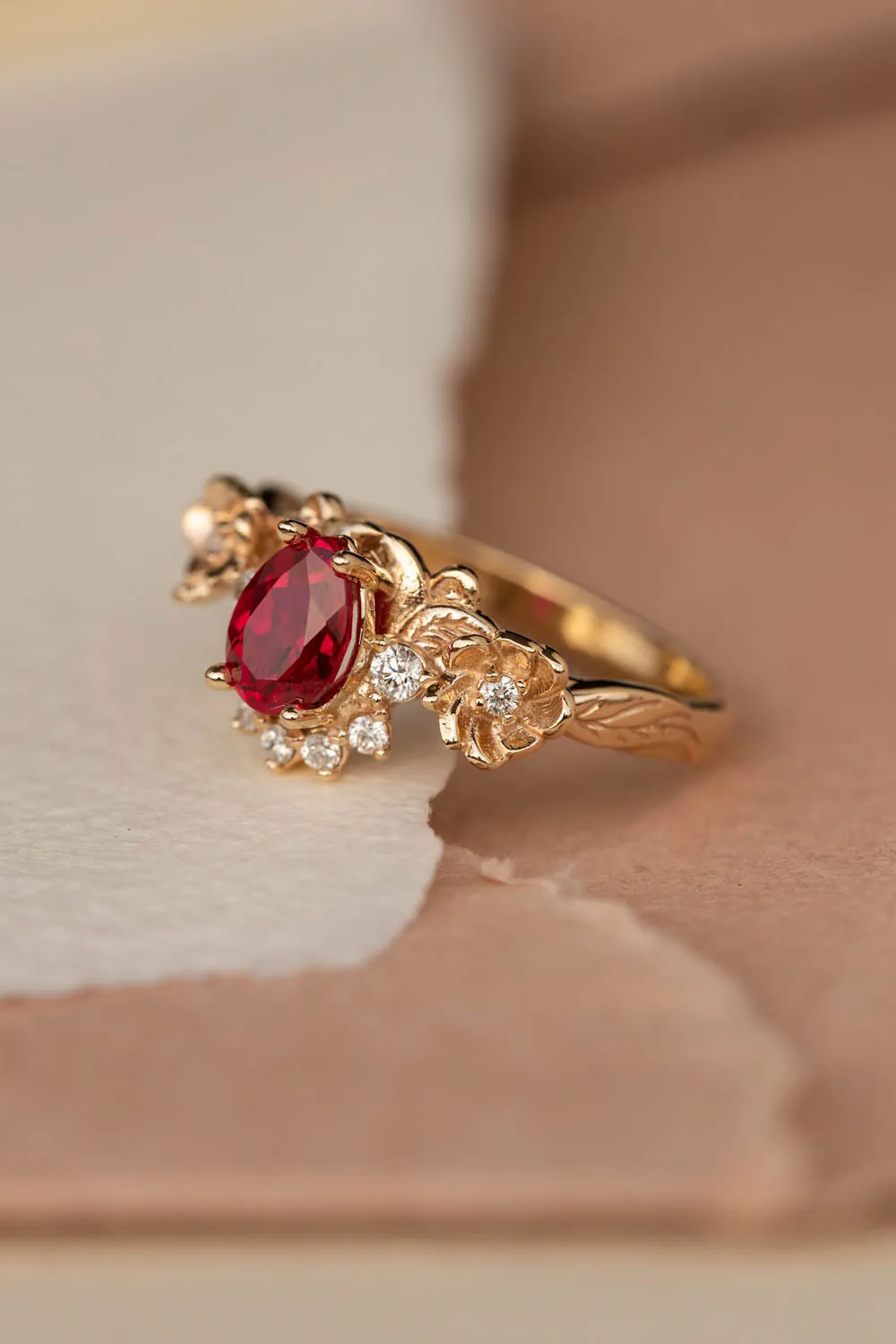 READY TO SHIP: Adelina bridal ring set in 14K yellow gold, lab ruby pear cut 7x5 mm, lab grown diamonds, AVAILABLE RING SIZES: 6-8US