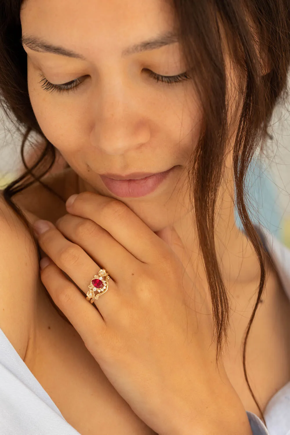 READY TO SHIP: Adelina bridal ring set in 14K yellow gold, lab ruby pear cut 7x5 mm, lab grown diamonds, AVAILABLE RING SIZES: 6-8US