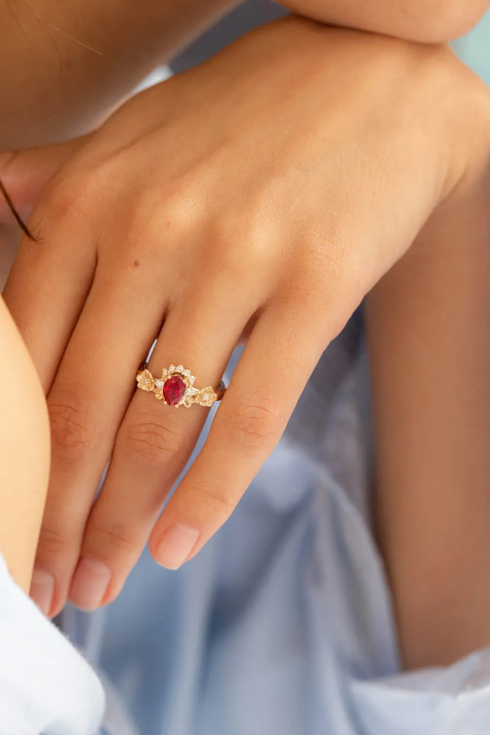 READY TO SHIP: Adelina bridal ring set in 14K yellow gold, lab ruby pear cut 7x5 mm, lab grown diamonds, AVAILABLE RING SIZES: 6-8US