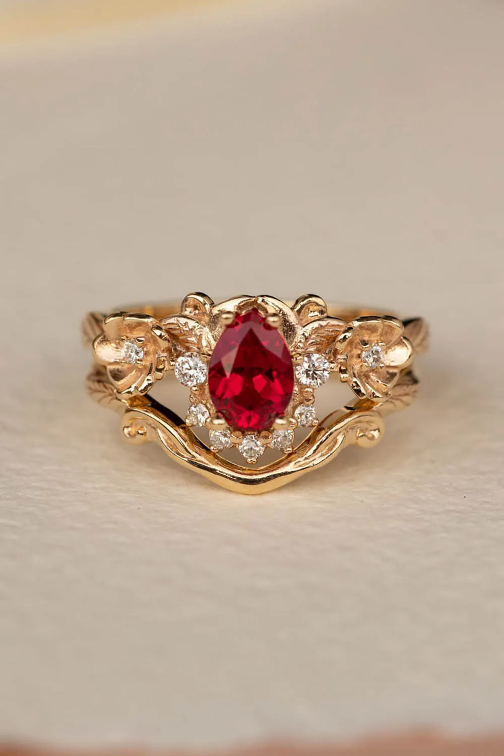 READY TO SHIP: Adelina bridal ring set in 14K yellow gold, lab ruby pear cut 7x5 mm, lab grown diamonds, AVAILABLE RING SIZES: 6-8US