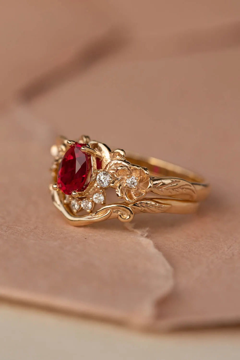 READY TO SHIP: Adelina bridal ring set in 14K yellow gold, lab ruby pear cut 7x5 mm, lab grown diamonds, AVAILABLE RING SIZES: 6-8US