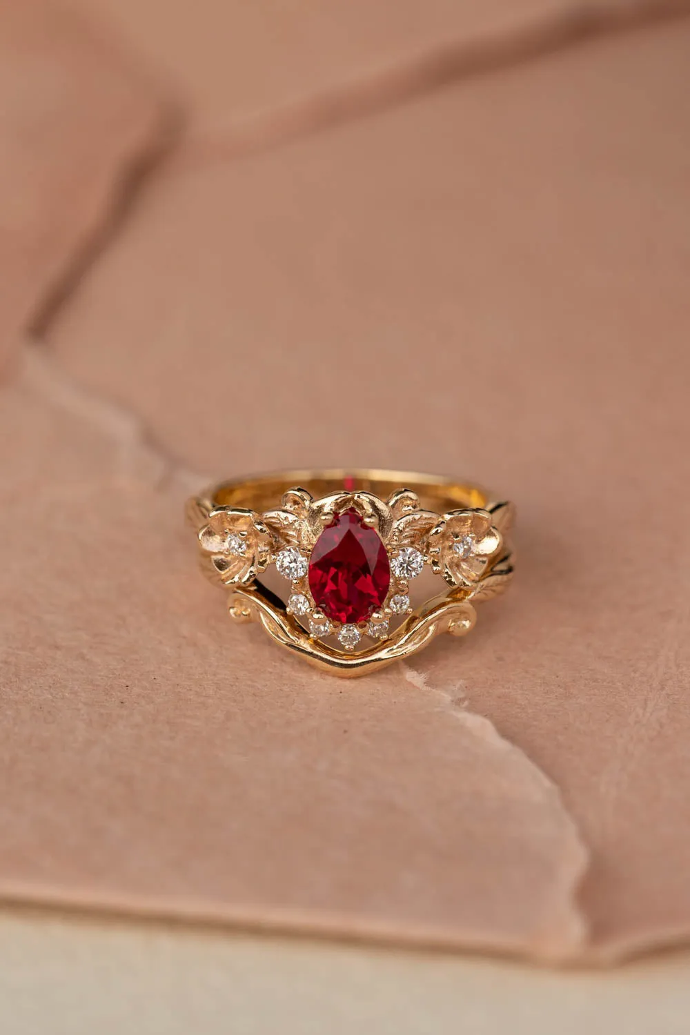 READY TO SHIP: Adelina bridal ring set in 14K yellow gold, lab ruby pear cut 7x5 mm, lab grown diamonds, AVAILABLE RING SIZES: 6-8US