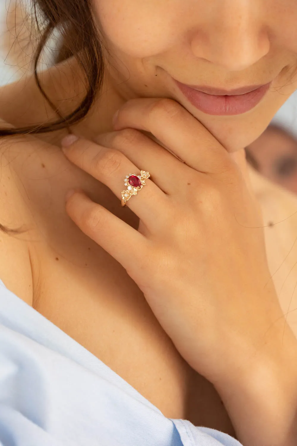 READY TO SHIP: Adelina bridal ring set in 14K yellow gold, lab ruby pear cut 7x5 mm, lab grown diamonds, AVAILABLE RING SIZES: 6-8US