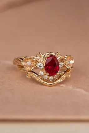 READY TO SHIP: Adelina bridal ring set in 14K yellow gold, lab ruby pear cut 7x5 mm, lab grown diamonds, AVAILABLE RING SIZES: 6-8US