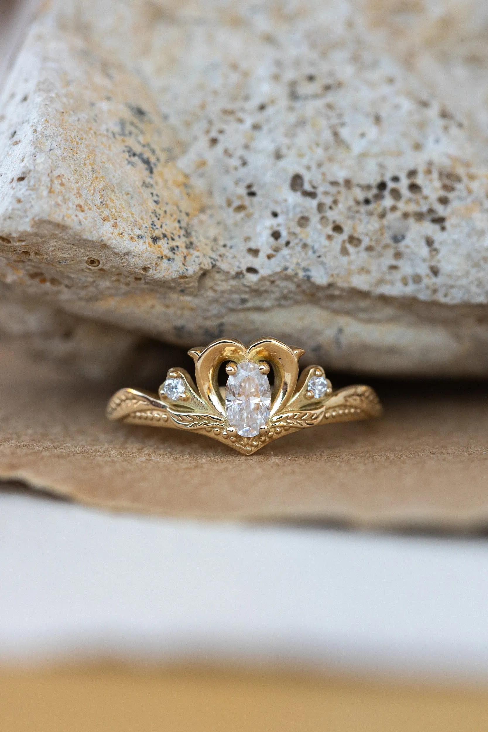 READY TO SHIP: Amura ring in 14K yellow gold, moissanite oval cut 4x3 mm, accent moissanites, AVAILABLE RING SIZES: 4-6US