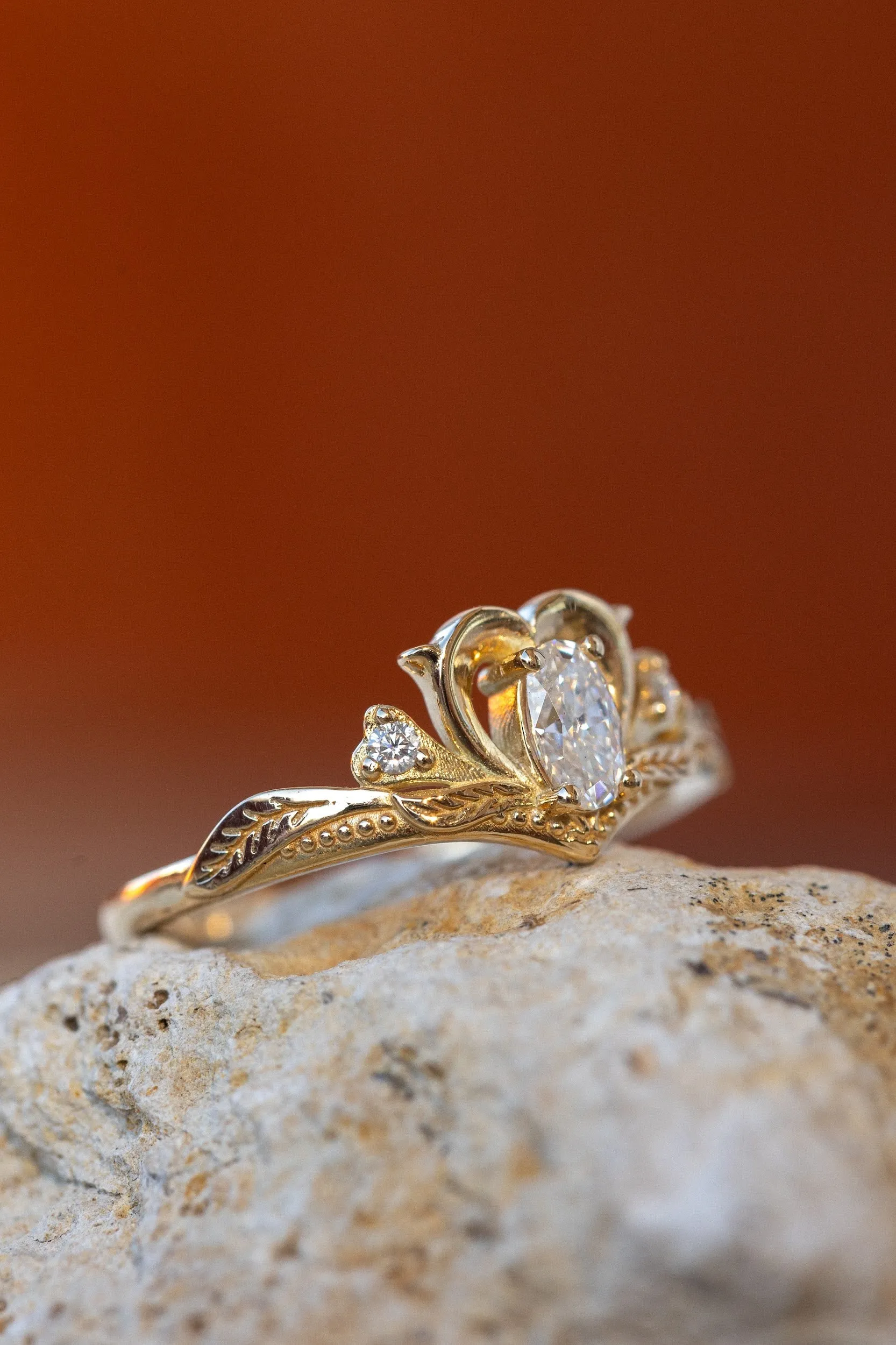 READY TO SHIP: Amura ring in 14K yellow gold, moissanite oval cut 4x3 mm, accent moissanites, AVAILABLE RING SIZES: 4-6US